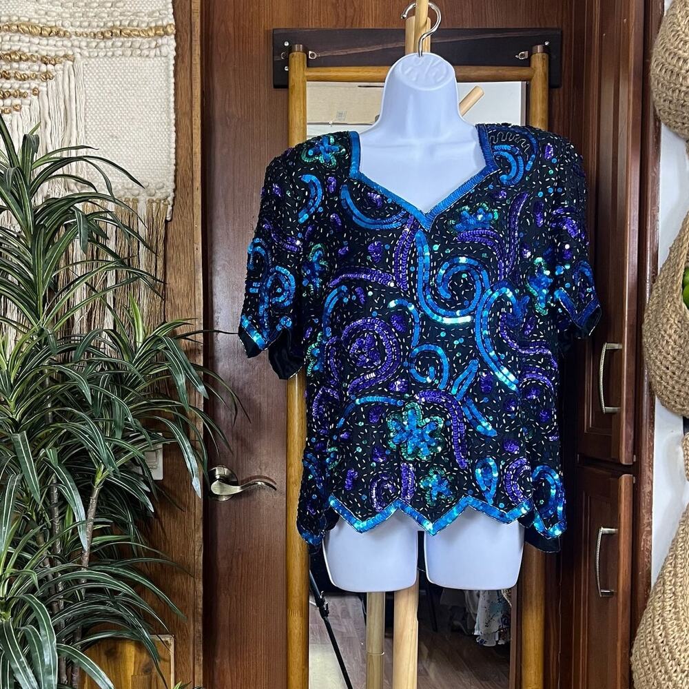Vintage Laurence Kazar 100% Silk Blouse L Blue Beaded Sequin Top Scalloped Hem